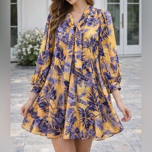 Vibrant yellow & blue flowy mini dress. CQbyCQ. Women’s Size Small.